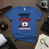 Blue t-shirt with black and red text reading "CANNOT find the WORDS all TRADEMARKED" and a lock symbol