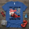 Blue t-shirt with "Can't Catch Me I'm Three Birthday Boy" text and a red race car graphic with checkered flags