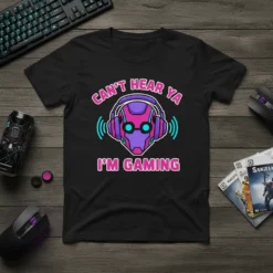 Black t-shirt with "CAN'T HEAR YA I'M GAMING" text and a futuristic robot head graphic wearing headphones