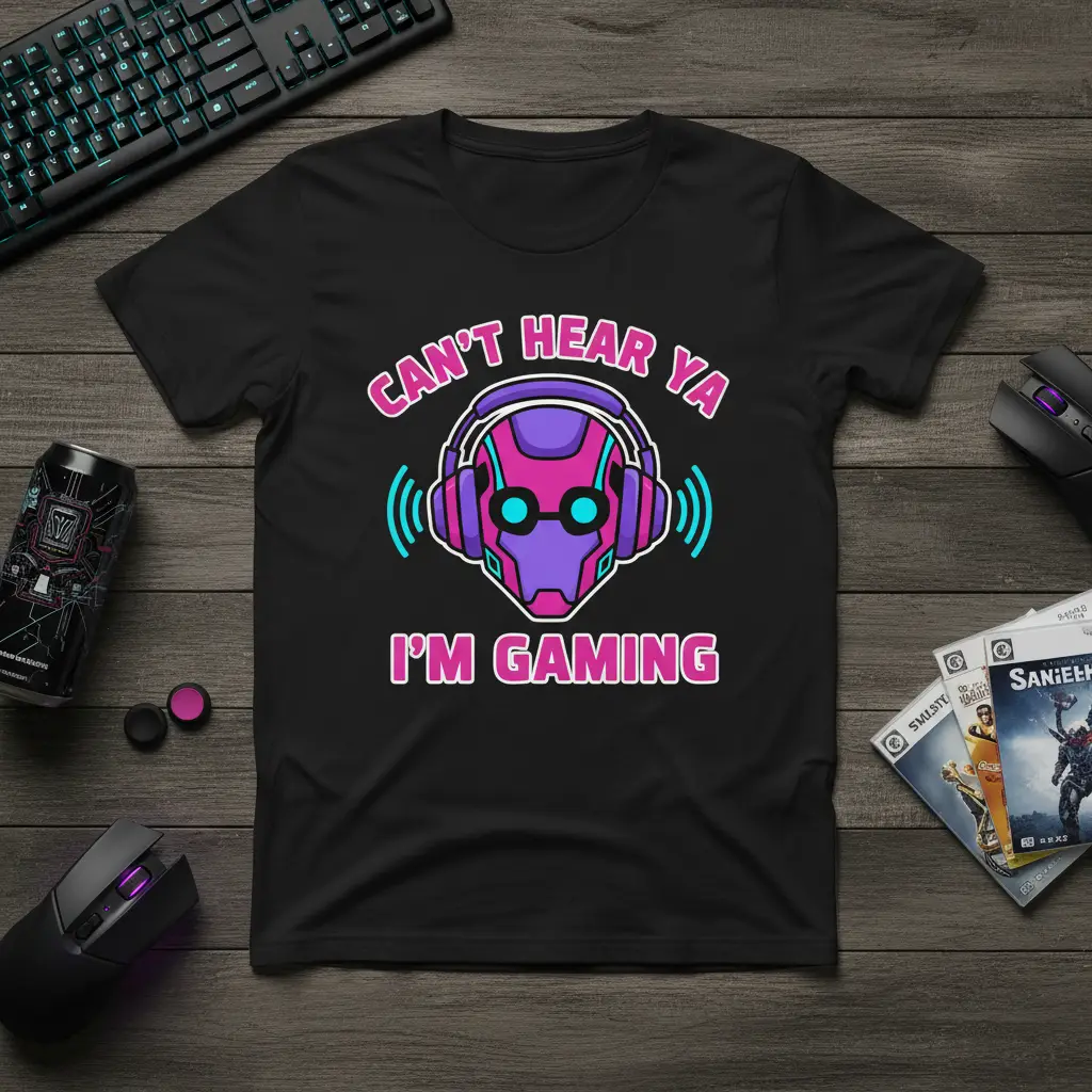 CAN'T HEAR YA I'M GAMING quote on a black t-shirt with a futuristic gamer head graphic and headphones