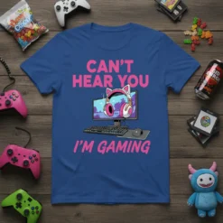 Blue t-shirt with "CAN'T HEAR YOU I'M GAMING" in pink text and a computer setup graphic