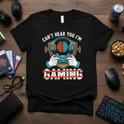 Black t-shirt with "Can't Hear You I'm Gaming" text, headphones, brain graphic, and controller