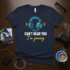 Navy t-shirt with "CAN'T HEAR YOU I'm gaming" text and blue gaming headset graphic