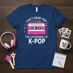T-shirt with "Can't Hear You I'm Listening to K-Pop" text and a pink cassette tape graphic, surrounded by musical notes