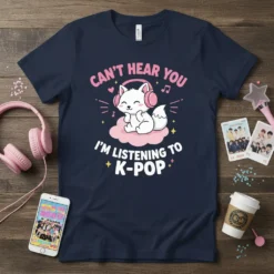 Navy t-shirt with "Can't Hear You I'm Listening To K-Pop" text and a cute white cat wearing pink headphones