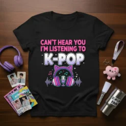Black t-shirt with pink and purple text reading "CAN'T HEAR YOU I'M LISTENING TO K-POP" above a cute graphic of