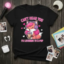 Cute fox wearing headphones drinking boba, with text "Can't Hear You I'm Listening To K-Pop" on a black t-shirt