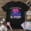 Black t-shirt with neon cityscape graphic and text "Can't Hear You I'm Listening To K-Pop" and "K-POP" in large letters