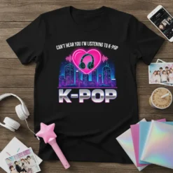 Black t-shirt with neon cityscape graphic and text "Can't Hear You I'm Listening To K-Pop" and "K-POP" in large letters