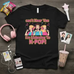 Black t-shirt with "can't Hear You i'm Listening To K-POP!" text and cartoon singers wearing headphones