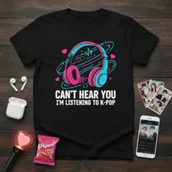 T-shirt with "Can't Hear You I'm Listening to K-Pop" text and a pink and blue headphone graphic