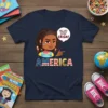 Navy t-shirt with text "Can't Spell America Without Erica!" and patriotic "AMERICA" graphic featuring a young Black girl
