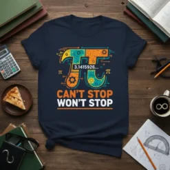 Can't Stop Won't Stop Pi T-Shirt with 3.1415926... and circuit board design
