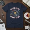 Navy blue t-shirt with "CAN'T STOP WON'T STOP" and a circular design featuring the Pi symbol and math equations