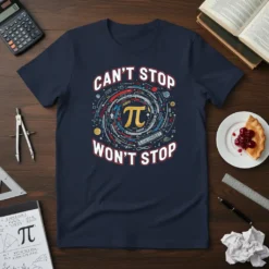 Navy blue t-shirt with "CAN'T STOP WON'T STOP" and a circular design featuring the Pi symbol and math equations