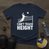 Volleyball player jumping at net with "Can't Teach Height" text, navy blue t-shirt design