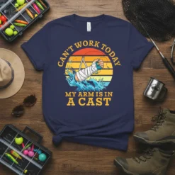 T-shirt with "Can't Work Today My Arm Is In A Cast" text and a graphic of an arm in a