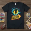 Captain Amazing text with superhero silhouette and comic book explosion graphic on a black t-shirt