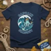 Captain Crasout octopus wearing a captain's hat and smoking a pipe, holding an anchor on a wave graphic t-shirt