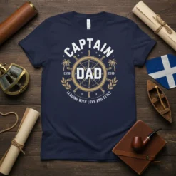 Captain Dad Leading With Love And Style t-shirt with nautical wheel and palm trees graphic