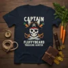 Captain Fluffybeard Treasure Hunter T-Shirt design with pirate skull, bunny ears, carrots, and crossed swords