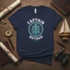 Captain Nathan T-Shirt with a white ship wheel, anchor, and rope circle design on a navy blue tee