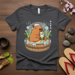 チルする Capybara Bath T-Shirt with a cute capybara relaxing in a hot spring holding a matcha drink