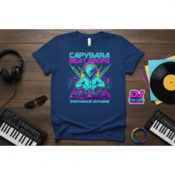 Capybara DJ wearing headphones and mixing on turntables, text reads CAPYBARA BEAT DROPS SYNTHWAVE ANTHEMS