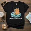 Capybara & Boba Tea Club text on a black t-shirt with a cute capybara in a pool drinking boba tea