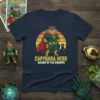 Capybara Hero Savior of the Swamps t-shirt design featuring a capybara superhero in green and red costume with cityscape background