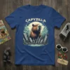 Capyzilla t-shirt design featuring a giant capybara towering over a destroyed city with lightning in the background