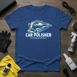 Blue t-shirt with "CAR POLISHER ULTIMATE DETAIL" text and graphic of a car polisher