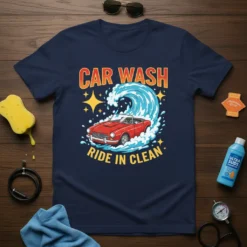 Car Wash Ride In Clean t-shirt design featuring a red convertible being washed by a wave and sparkling stars