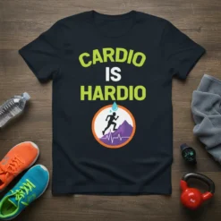 Cardio Is Hardio t-shirt with graphic of a runner on a mountain with a heartbeat line and a water drop