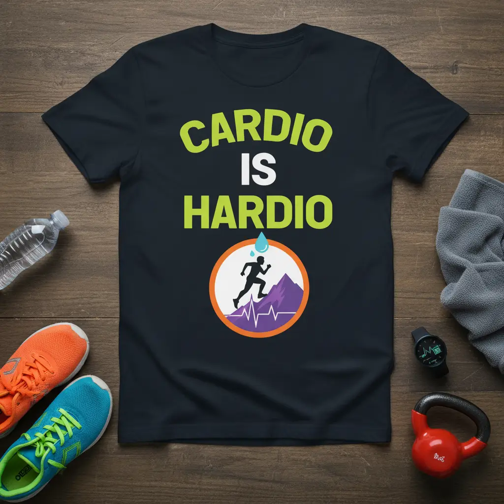 Cardio Is Hardio humorous quote tee featuring a runner on a mountain with heartbeat and water drop graphics