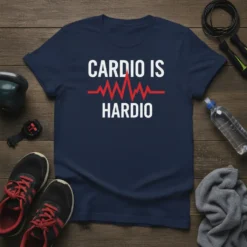 Navy blue t-shirt with white text "CARDIO IS HARDIO" and a red electrocardiogram line