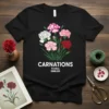 Carnations Floral Emblem text on a black t-shirt with a bouquet of pink, white, and red carnations illustration