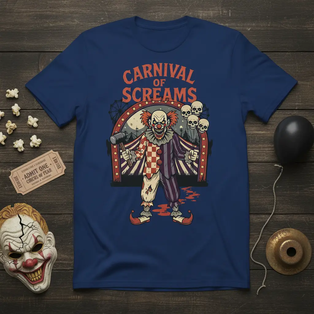 Carnival of Screams text above a menacing clown holding a hammer on a spooky circus t-shirt graphic