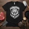 Carnivore For Life t-shirt design with a roaring lion in a shield, white text on black tee
