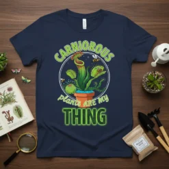 Carnivorous Plants Are My Thing t-shirt design featuring a Venus flytrap and pitcher plant with bees