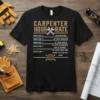 Black t-shirt with "Carpenter Hour Rate" design listing hourly charges for standard, watching, helping, working on it first, and telling