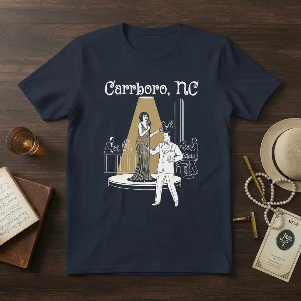 Carrboro NC text and vintage jazz club illustration depicting a singer and patrons enjoying a retro music scene