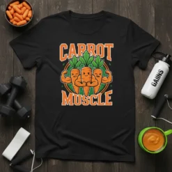 Carrot Muscle graphic t-shirt featuring three muscular cartoon carrots flexing their biceps, with bold text above and below