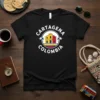 Black t-shirt featuring the text "CARTAGENA COLOMBIA" in white with a circular graphic of colorful buildings and palm trees