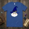 Cartoon wizard face graphic with blue hat and white beard on a royal blue t-shirt, perfect for fantasy lovers
