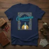 Casablanca MOROCCO t-shirt design featuring traditional Moroccan archway, minaret, and sunset graphic