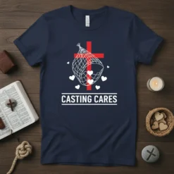 Navy blue t-shirt with "CASTING CARES" text, a red cross, fishing net, and white hearts graphic