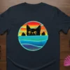 Cat Beats Vol 1 retro cassette design featuring a black cat peeking from behind a colorful circle with sunset and