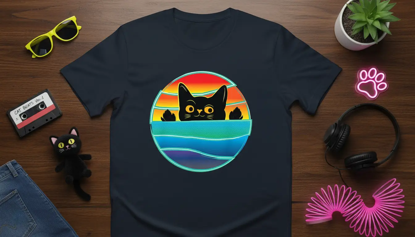 Cat Beats Vol 1 retro cassette design with a black cat graphic peeking over a colorful sunset and wave circle