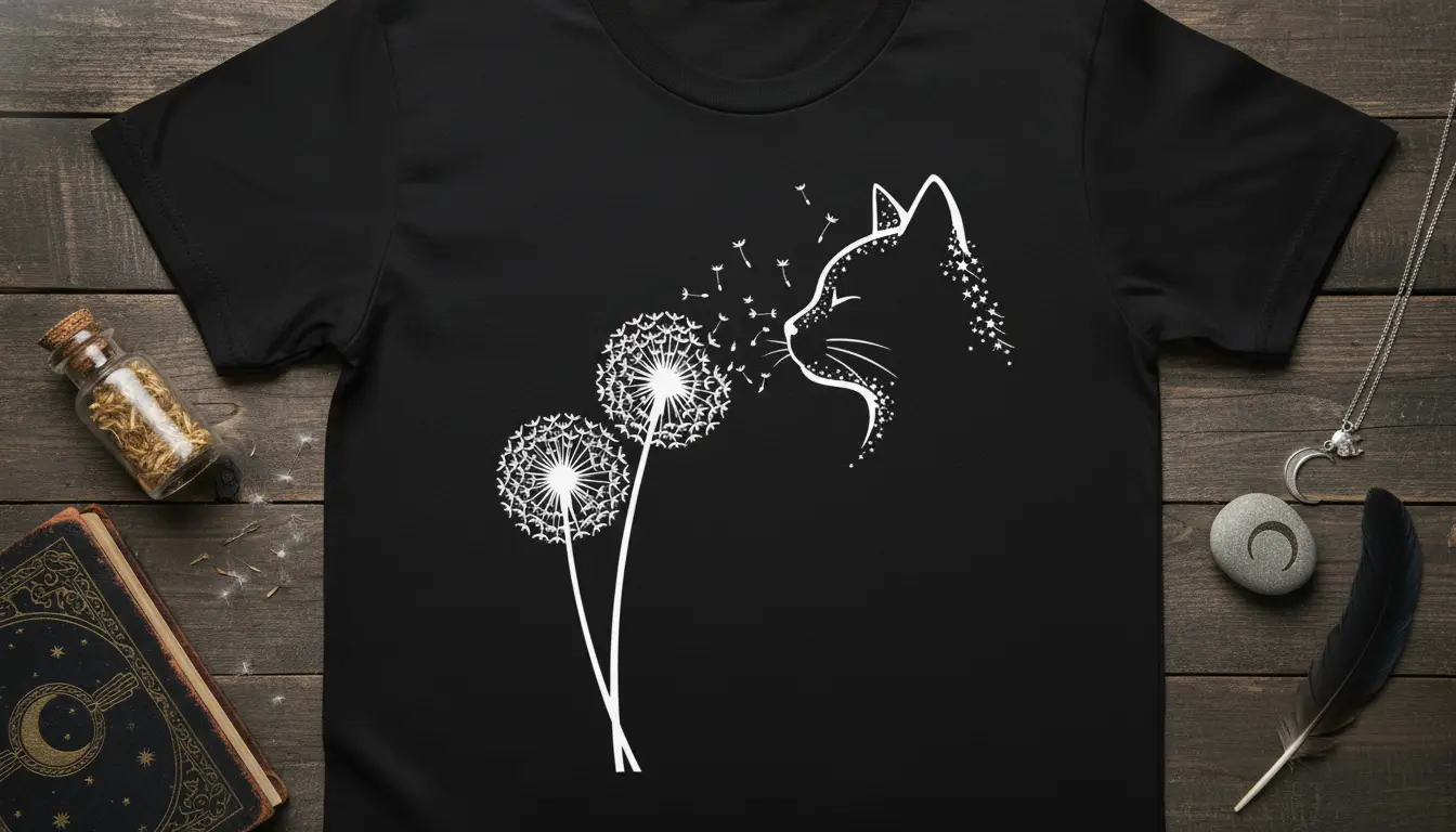 Cat Blowing Dandelions creative illustration printed on durable material creating a standout t-shirt